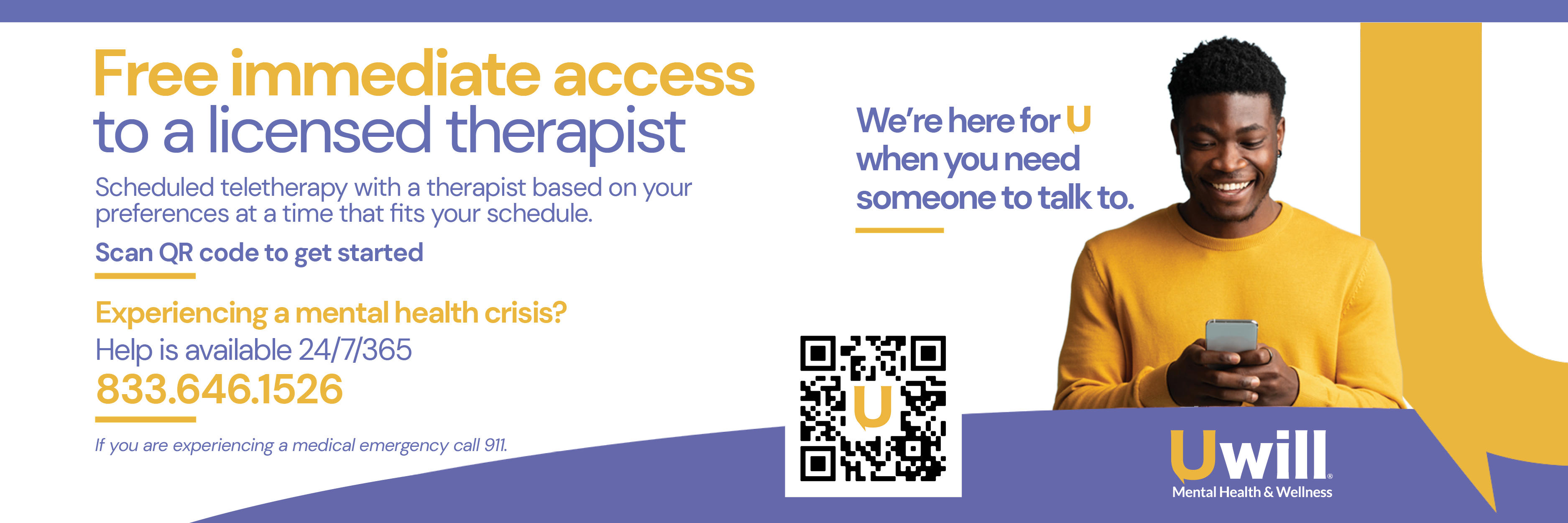 uWill banner with phone numbers and contact info for Teletherapy services for currently enrolled Southern Adventist University students