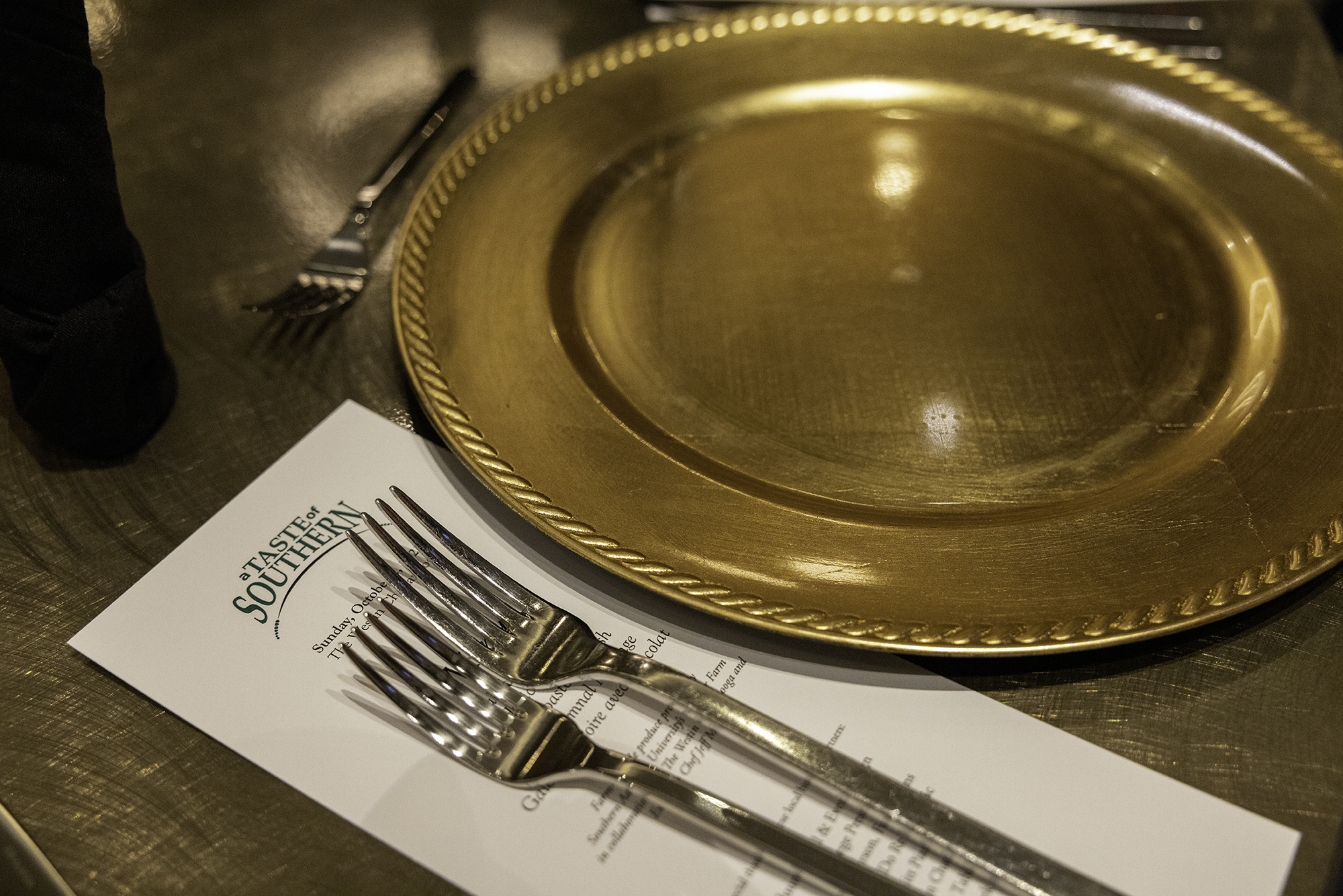 Ballroom tables set in preparation for A Taste of Southern dinner