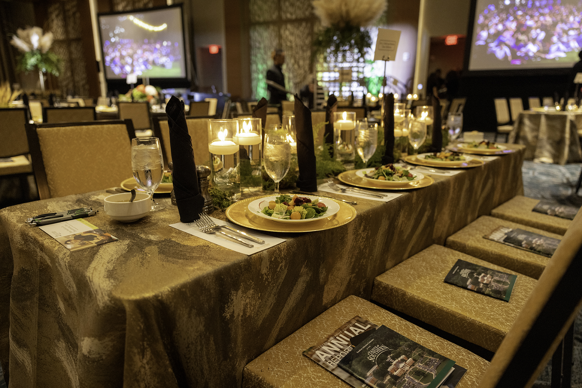 Ballroom tables set in preparation for A Taste of Southern dinner
